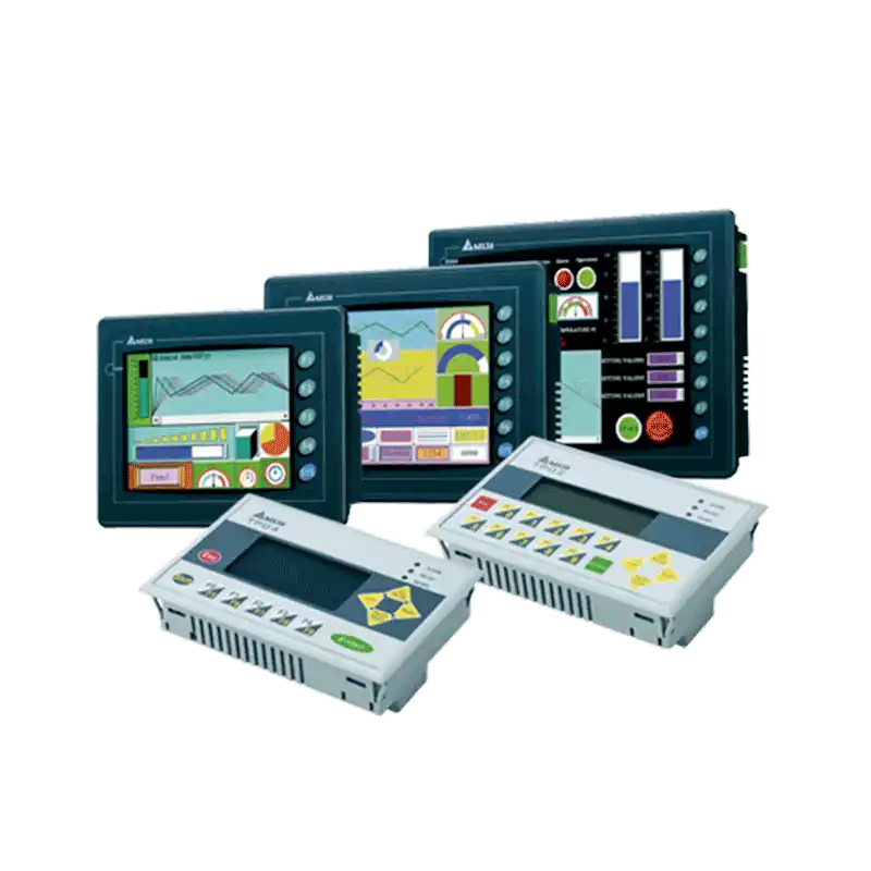 A collection of industrial human-machine interface (HMI) panels and programmable logic controllers (PLCs) with various screen sizes and button layouts, displaying data visualization and control elements.