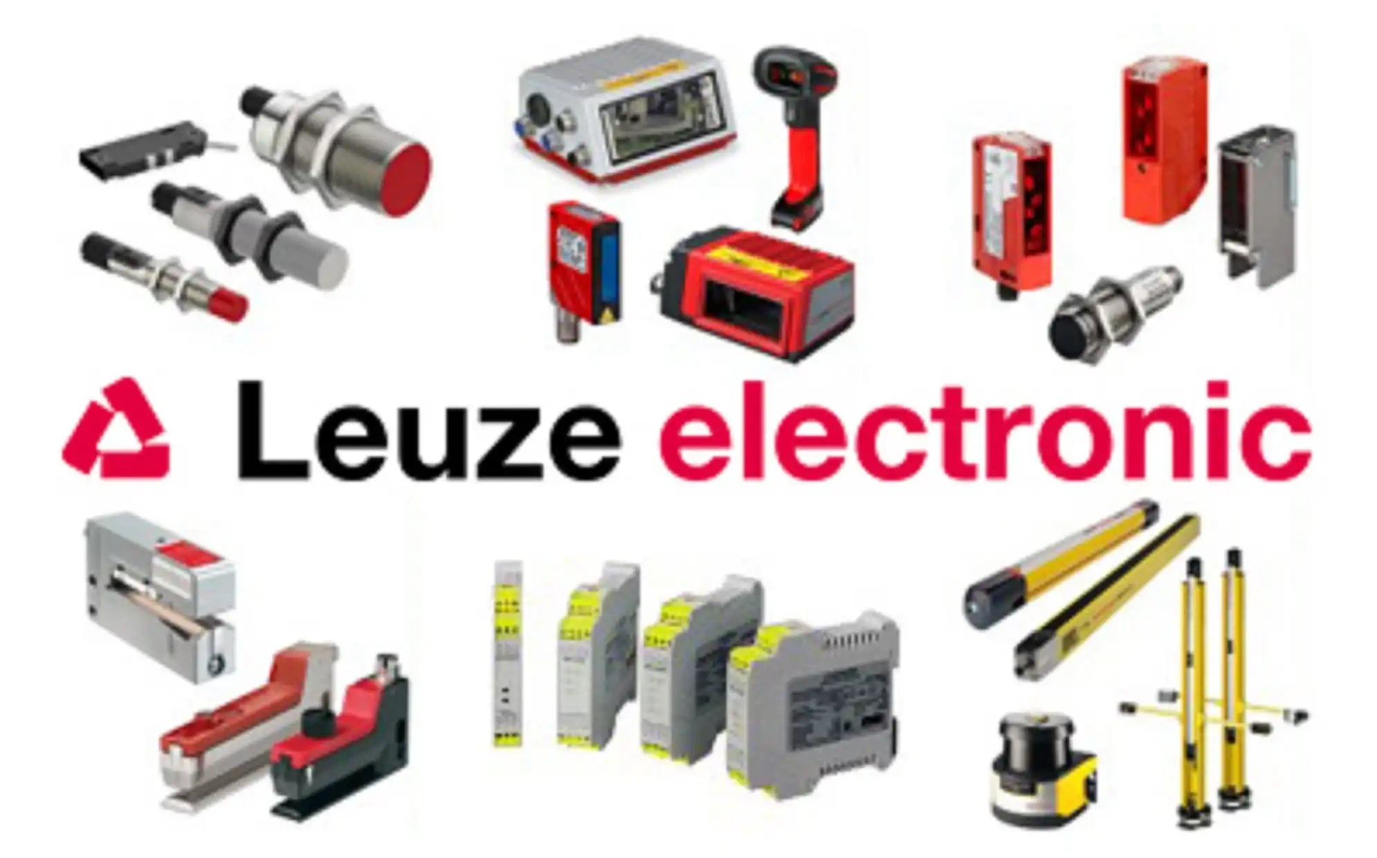 A collection of industrial sensors and safety devices from Leuze electronic.