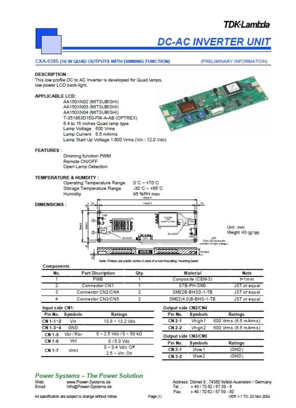 TDK CXA-0385 CCFL Inverter